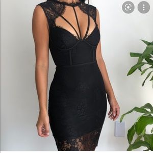 Bebe Strappy Corset Bustier Black Lace Midi Dress